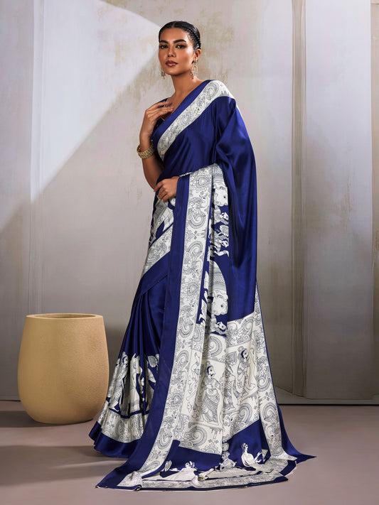 Digital Printed Satin Saree in Navy Blue