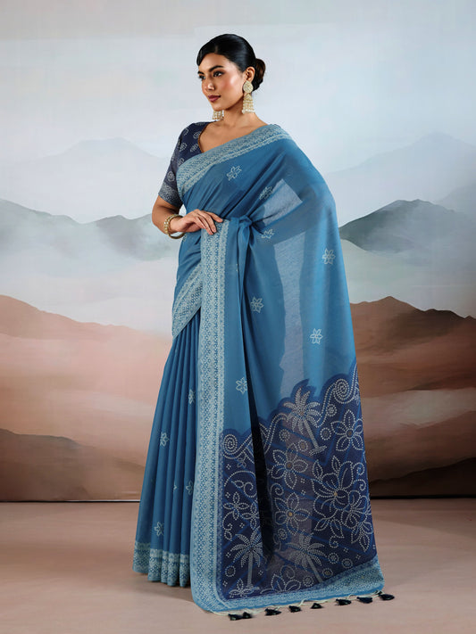 Bandhej Printed Viscose Cotton Saree in Teal Blue