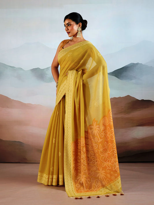 Bandhej Printed Viscose Cotton Saree in Yellow