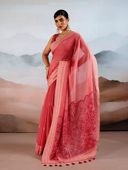 Bandhej Printed Viscose Cotton Saree in Coral Pink