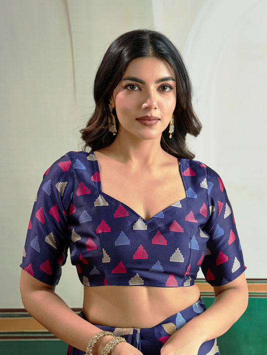 Digital Printed Satin Saree in Blue