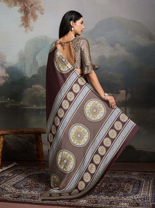 Digital Printed Satin Saree in Brown