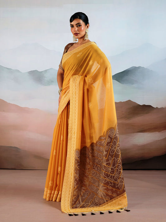Bandhej Printed Viscose Cotton Saree in Mustard