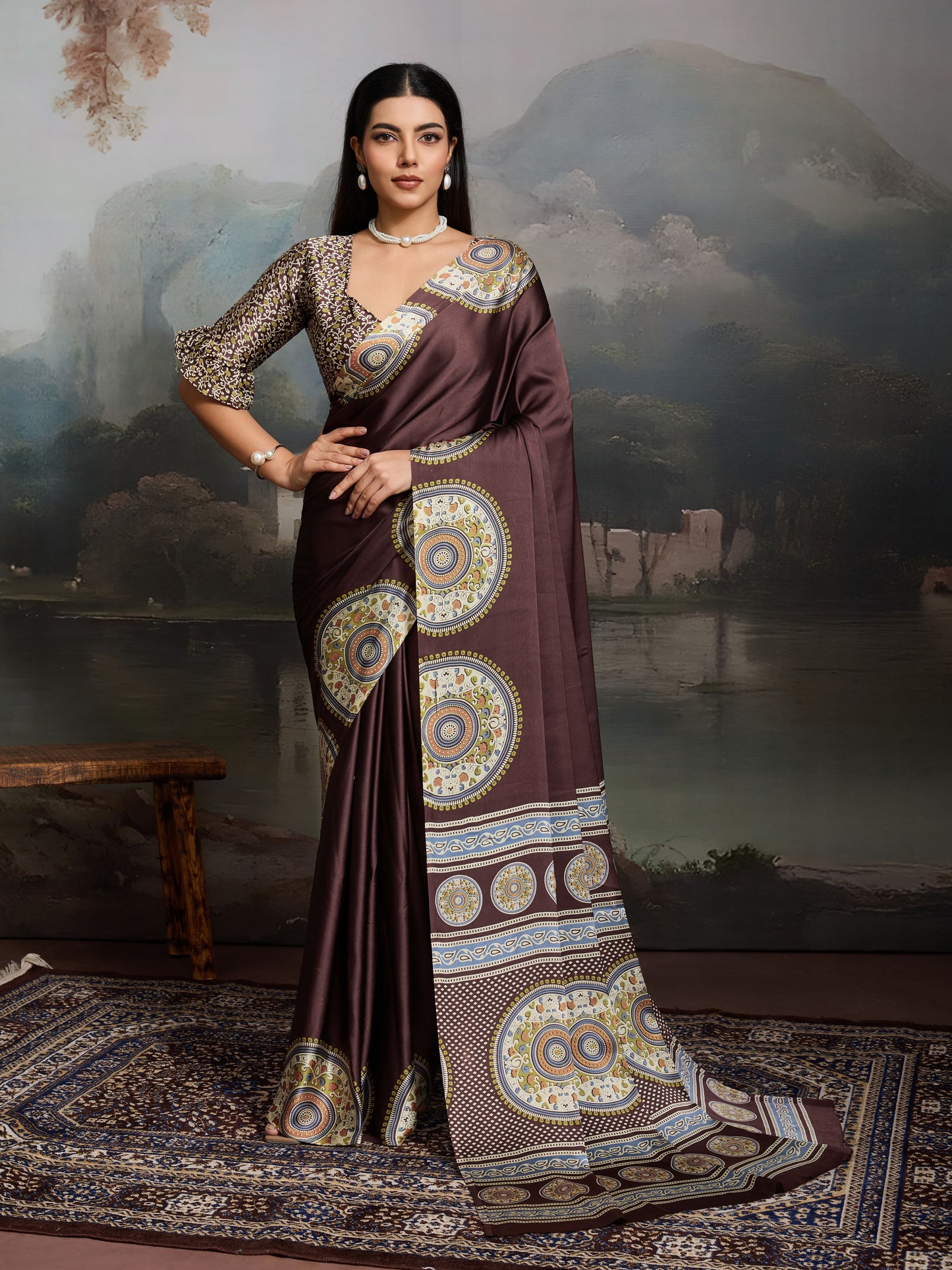 Digital Printed Satin Saree in Brown