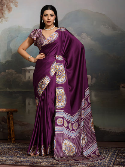 Digital Printed Satin Saree in Purple