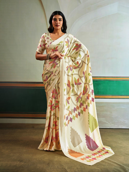 Digital Printed Satin Saree in Biege