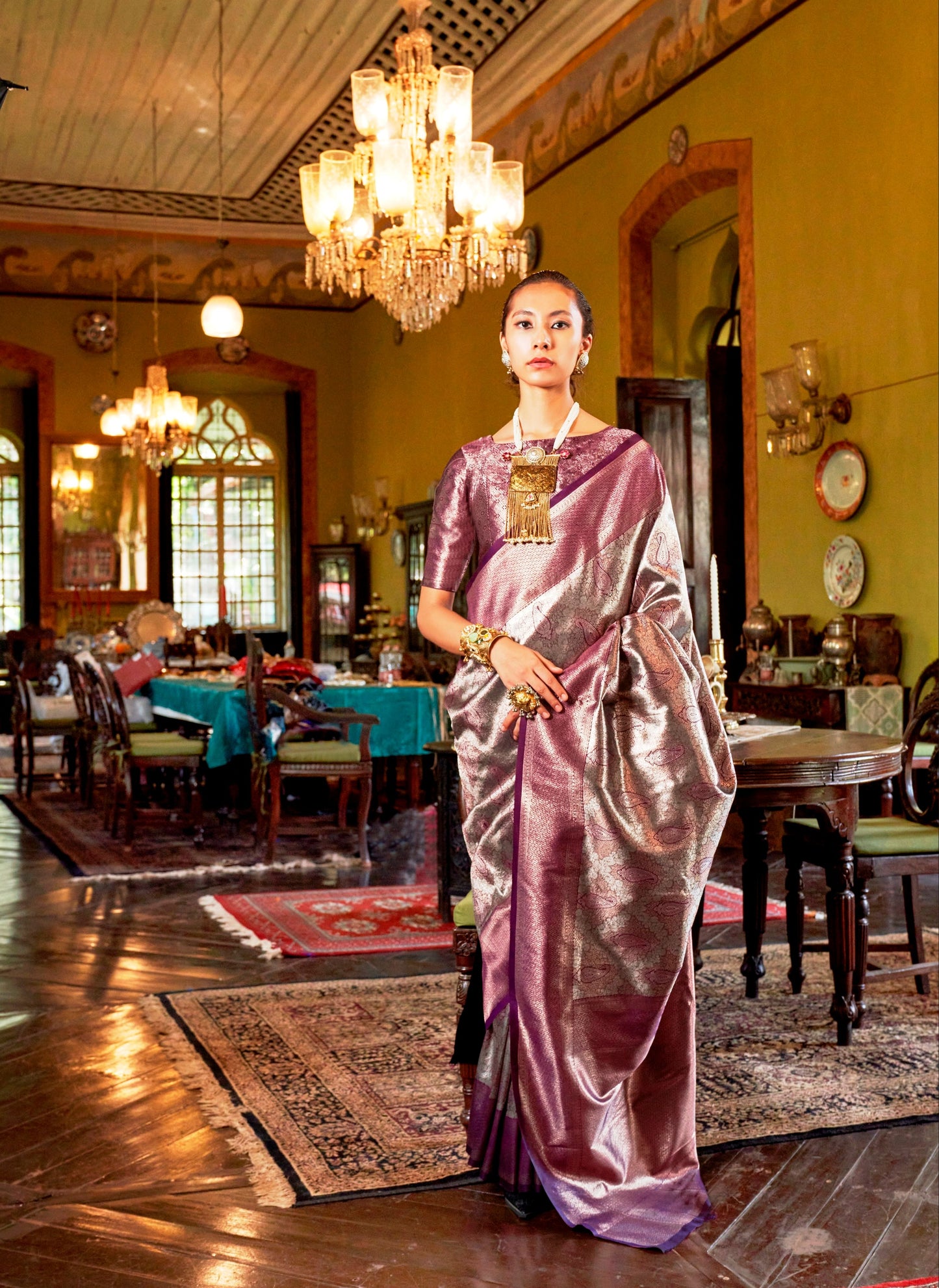 Woven Art Silk Saree in Grey