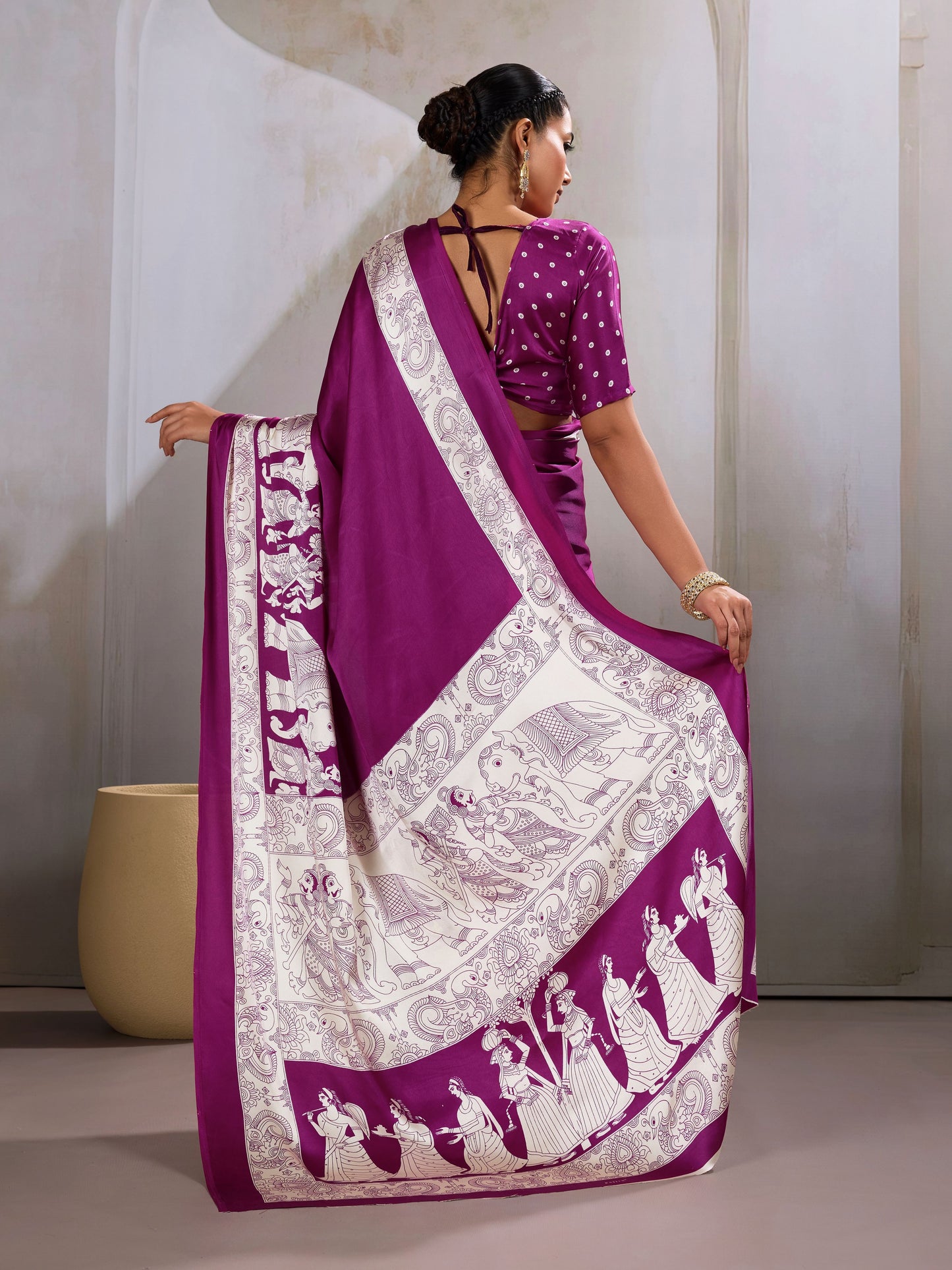 Digital Printed Satin Saree in Magenta