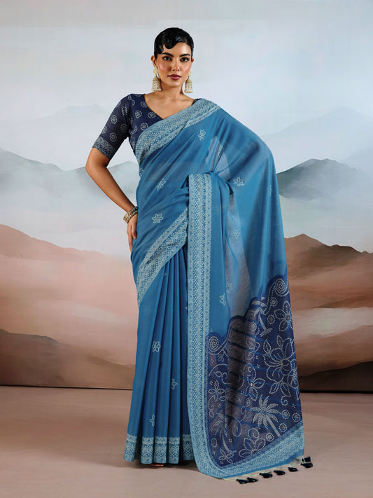 Bandhej Printed Viscose Cotton Saree in Teal Blue
