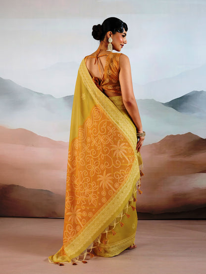 Bandhej Printed Viscose Cotton Saree in Yellow