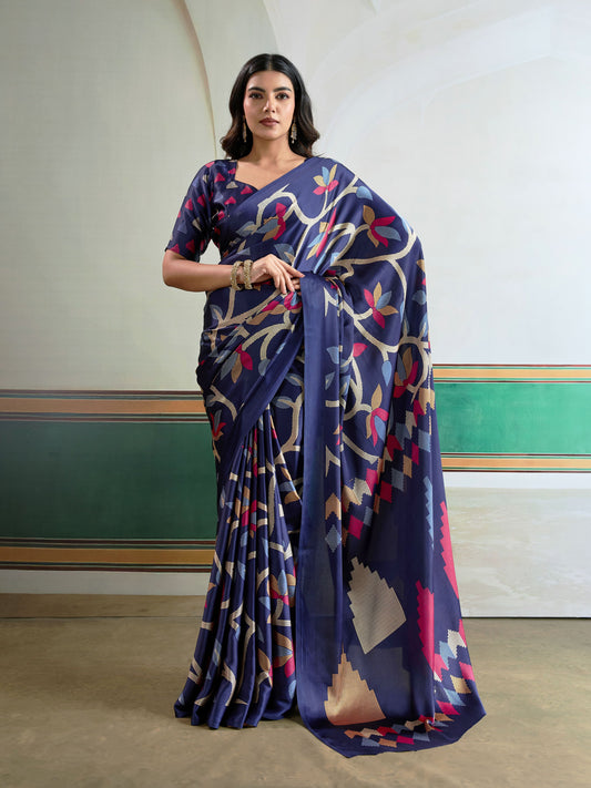 Digital Printed Satin Saree in Blue