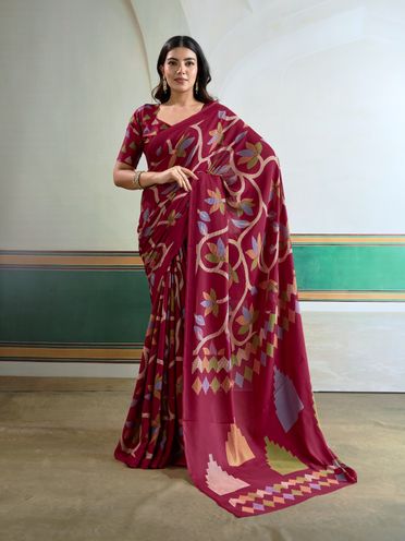 Digital Printed Satin Saree in Maroon