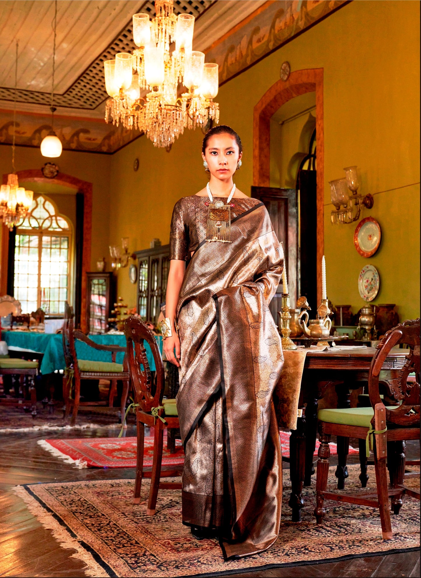 Woven Art Silk Saree in Brown