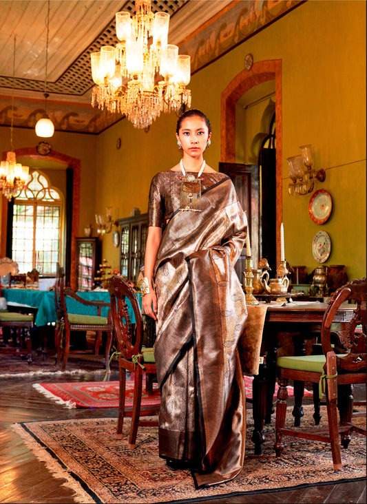 Woven Art Silk Saree in Brown