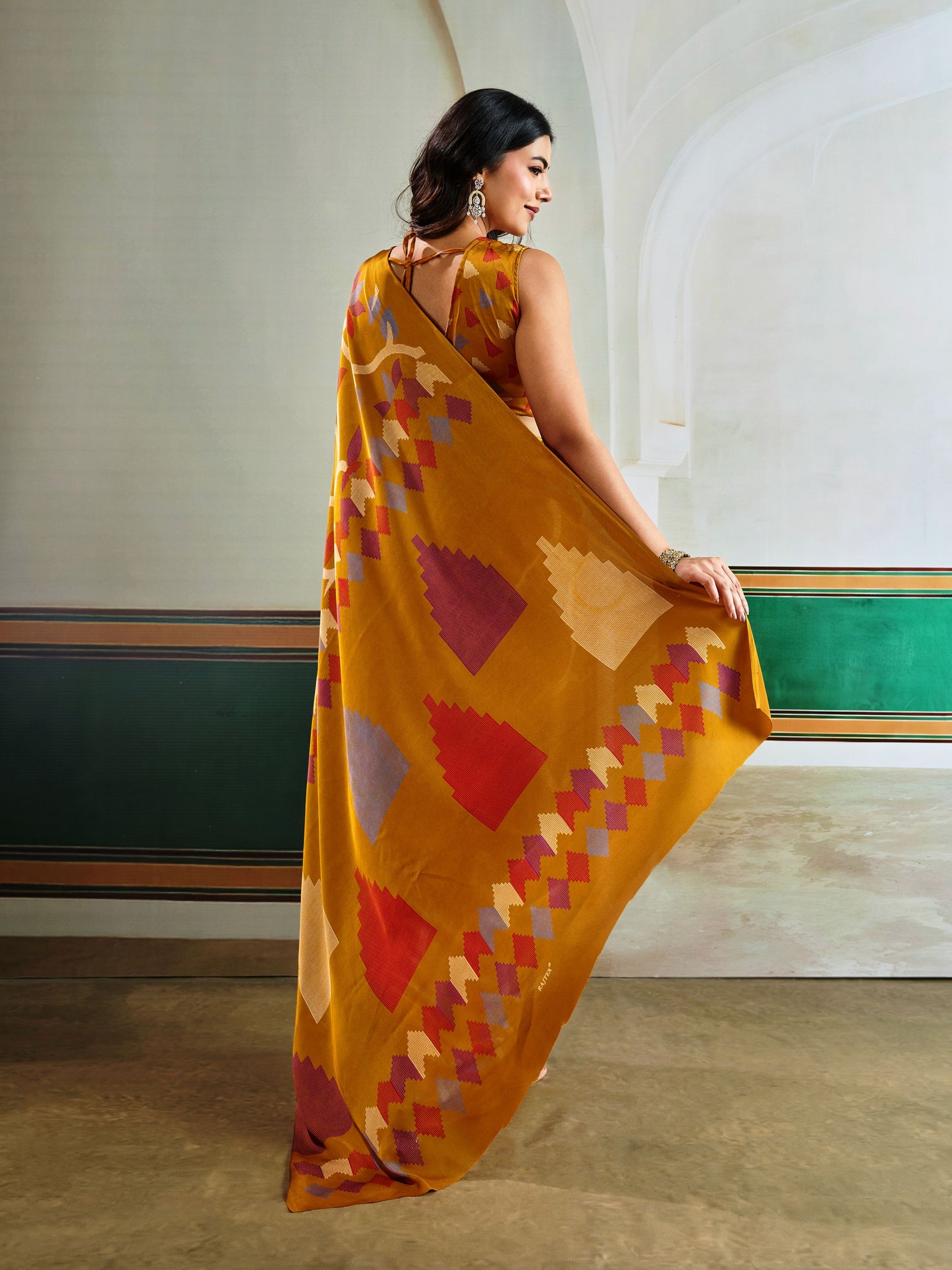 Digital Printed Satin Saree in Mustard