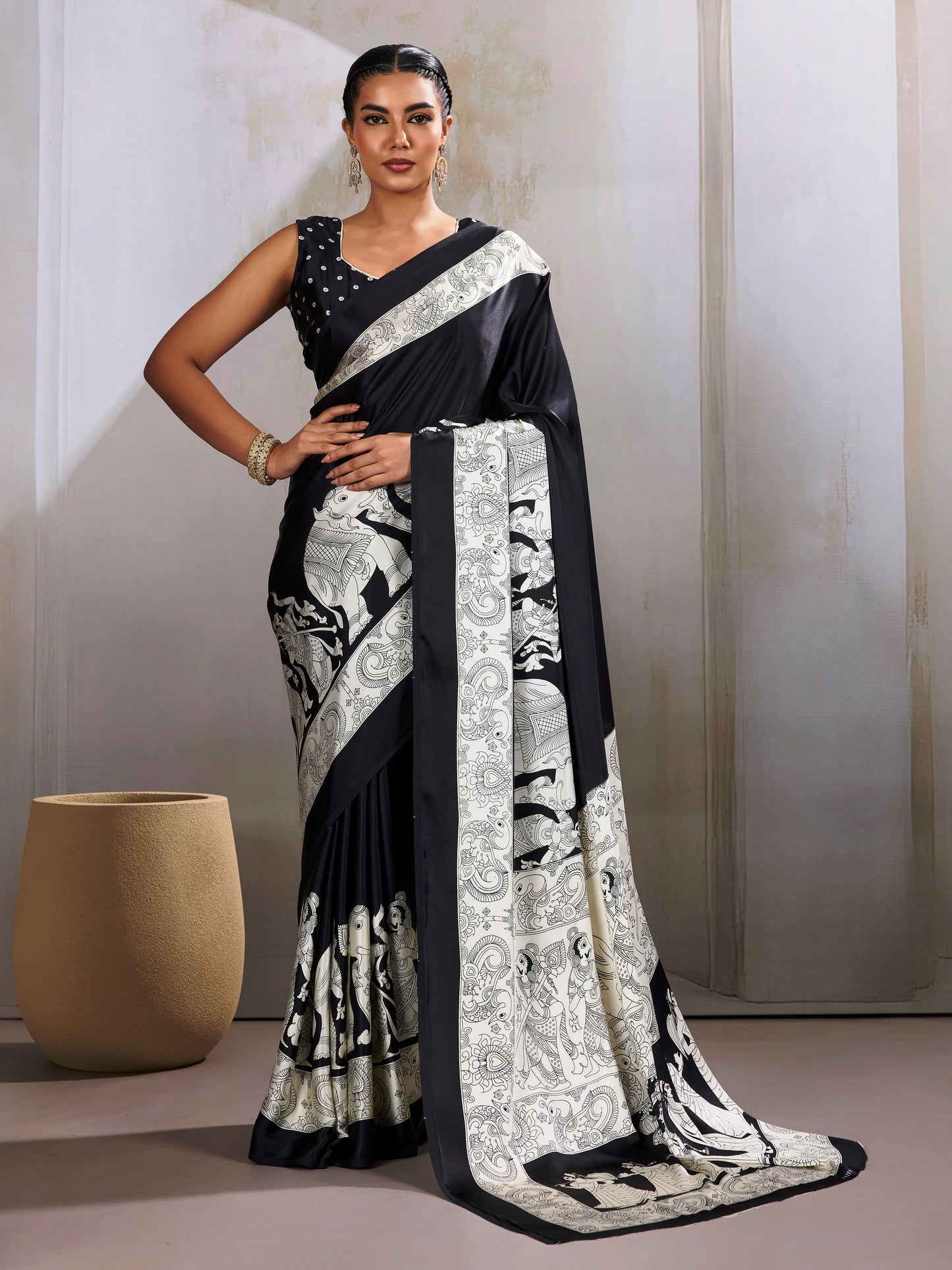 Digital Printed Satin Saree in Black