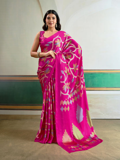 Digital Printed Satin Saree in Pink