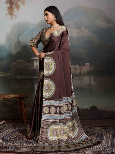 Digital Printed Satin Saree in Brown