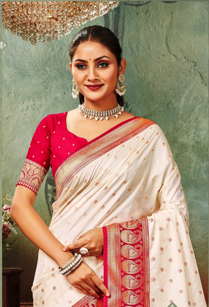 Woven Art Silk Saree in Off White