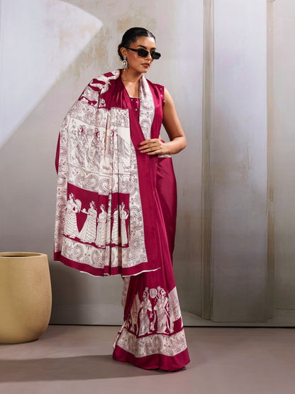 Digital Printed Satin Saree in Maroon