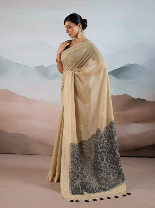 Bandhej Printed Viscose Cotton Saree in Beige