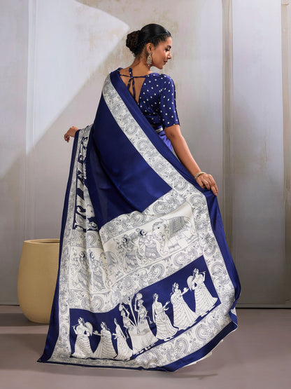 Digital Printed Satin Saree in Navy Blue