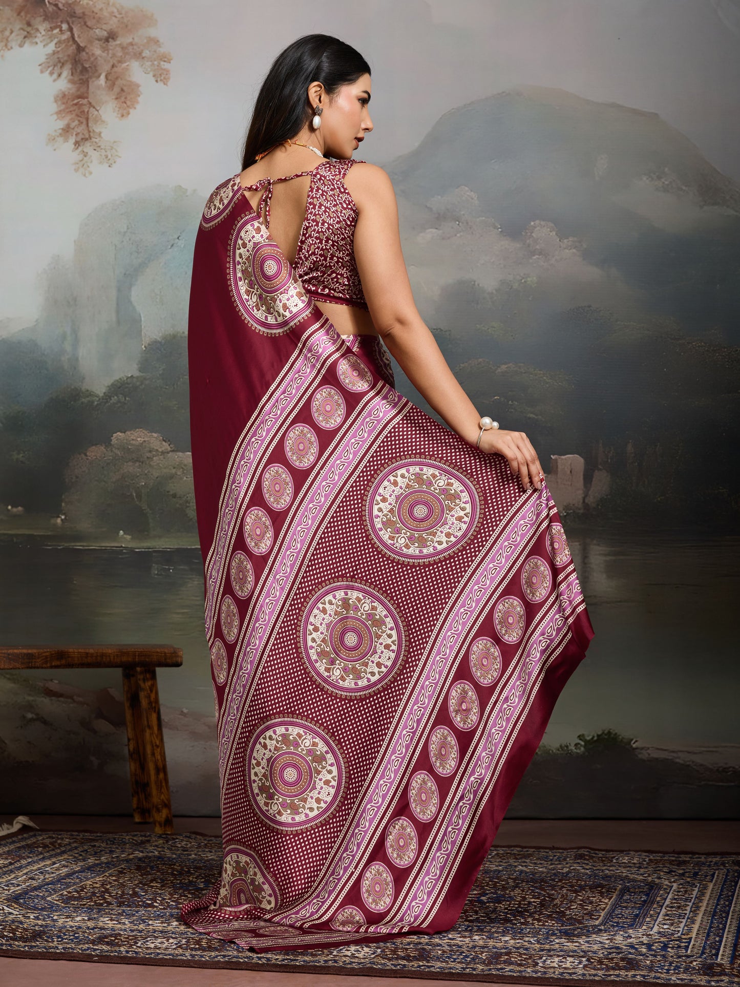 Digital Printed Satin Saree in Maroon