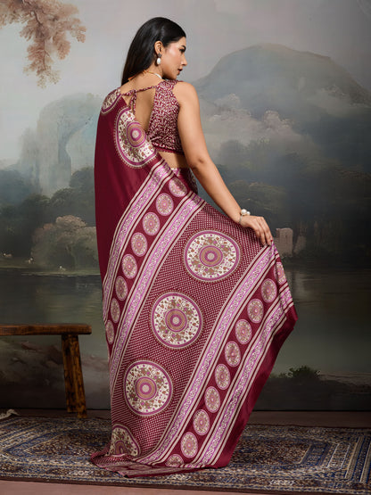 Digital Printed Satin Saree in Maroon