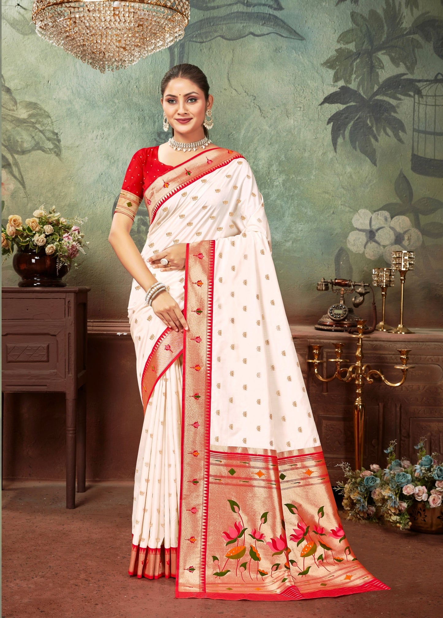 Digital Printed Satin Saree in Dark Green