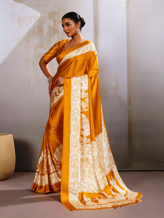 Digital Printed Satin Saree in Mustard