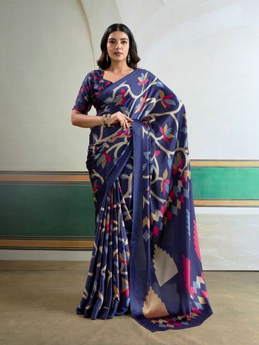 Digital Printed Satin Saree in Blue