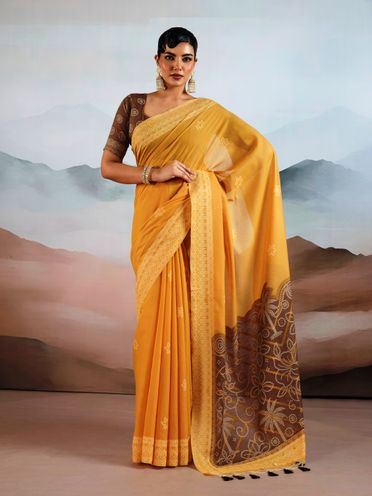 Bandhej Printed Viscose Cotton Saree in Mustard