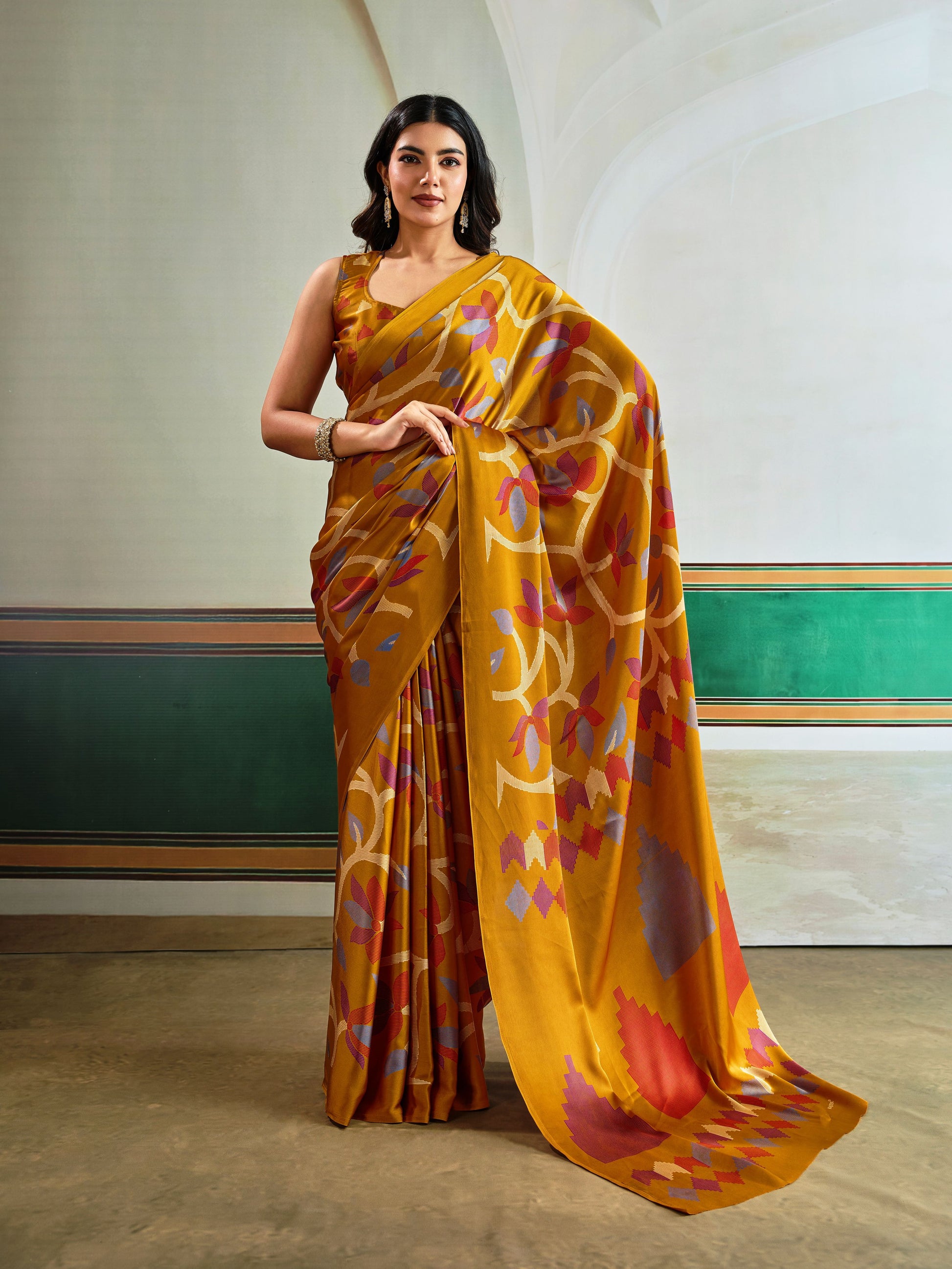 Digital Printed Satin Saree in Mustard