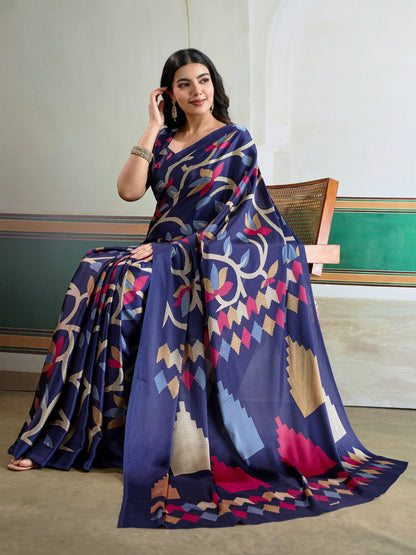 Digital Printed Satin Saree in Blue