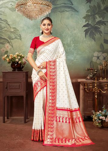 Woven Art Silk Saree in Off White