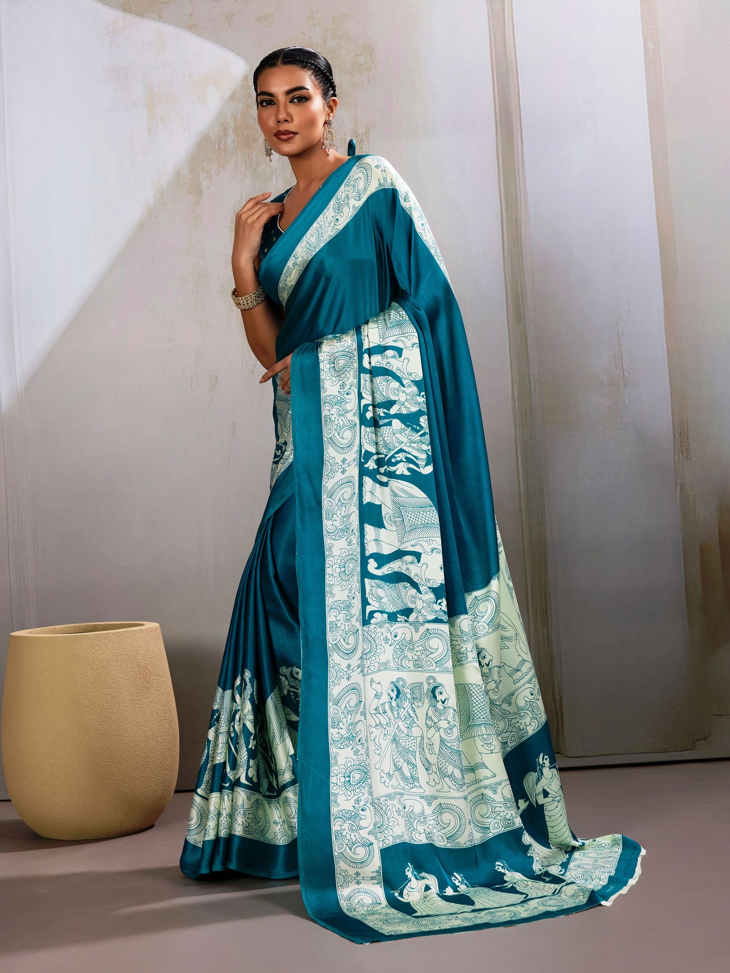 Digital Printed Satin Saree in Teal Blue