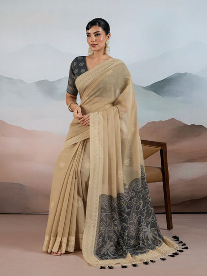 Bandhej Printed Viscose Cotton Saree in Beige