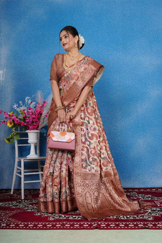 Woven Art Silk Saree in Brown