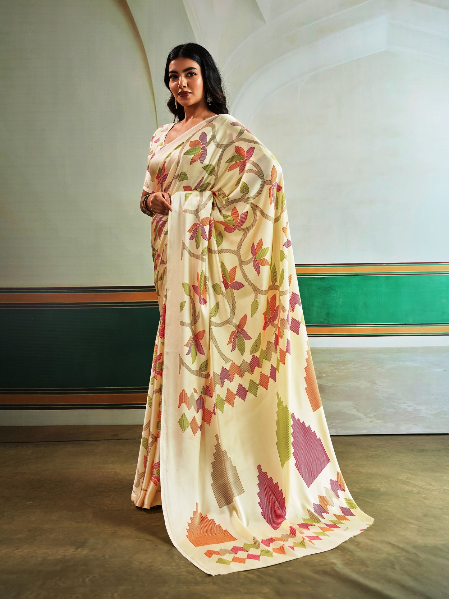 Digital Printed Satin Saree in Biege