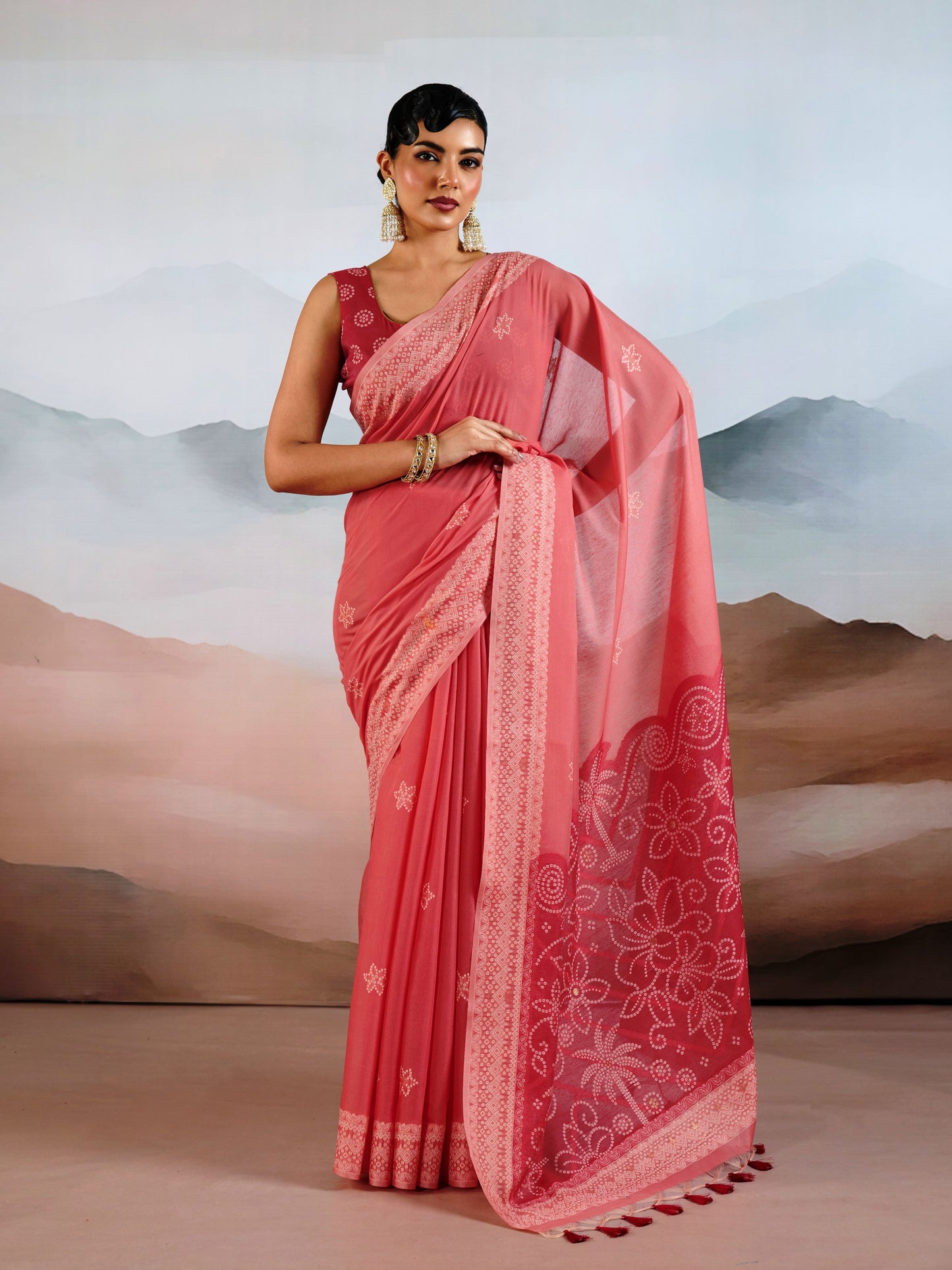 Bandhej Printed Viscose Cotton Saree in Coral Pink