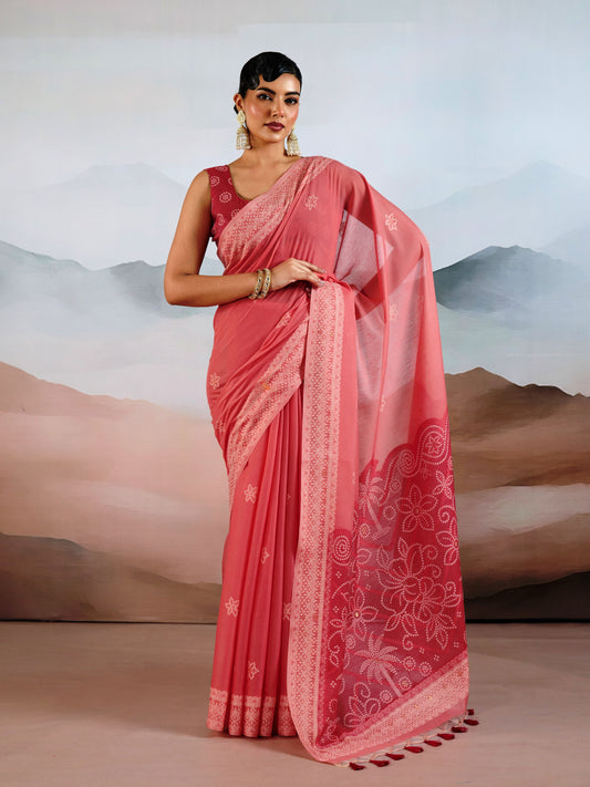Bandhej Printed Viscose Cotton Saree in Coral Pink