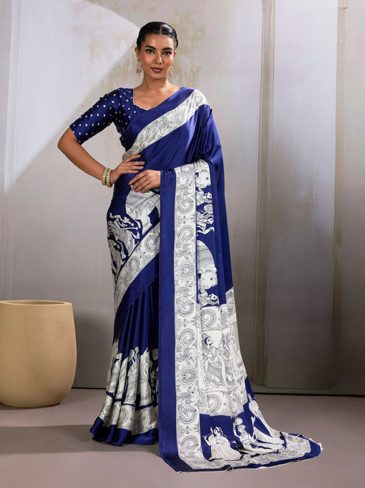 Digital Printed Satin Saree in Navy Blue