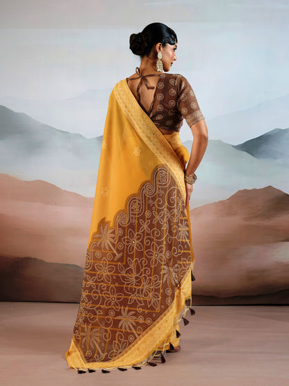Bandhej Printed Viscose Cotton Saree in Mustard