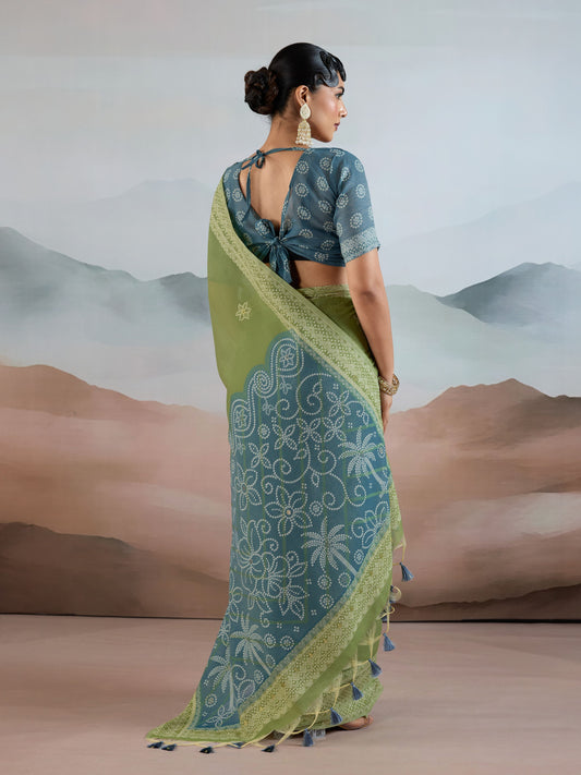 Bandhej Printed Viscose Cotton Saree in Light Green