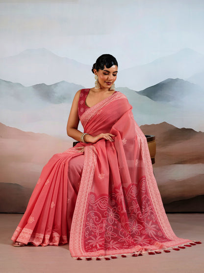 Bandhej Printed Viscose Cotton Saree in Coral Pink