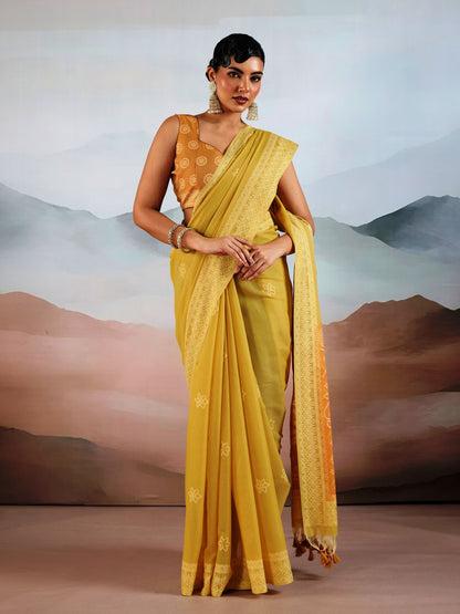 Bandhej Printed Viscose Cotton Saree in Yellow