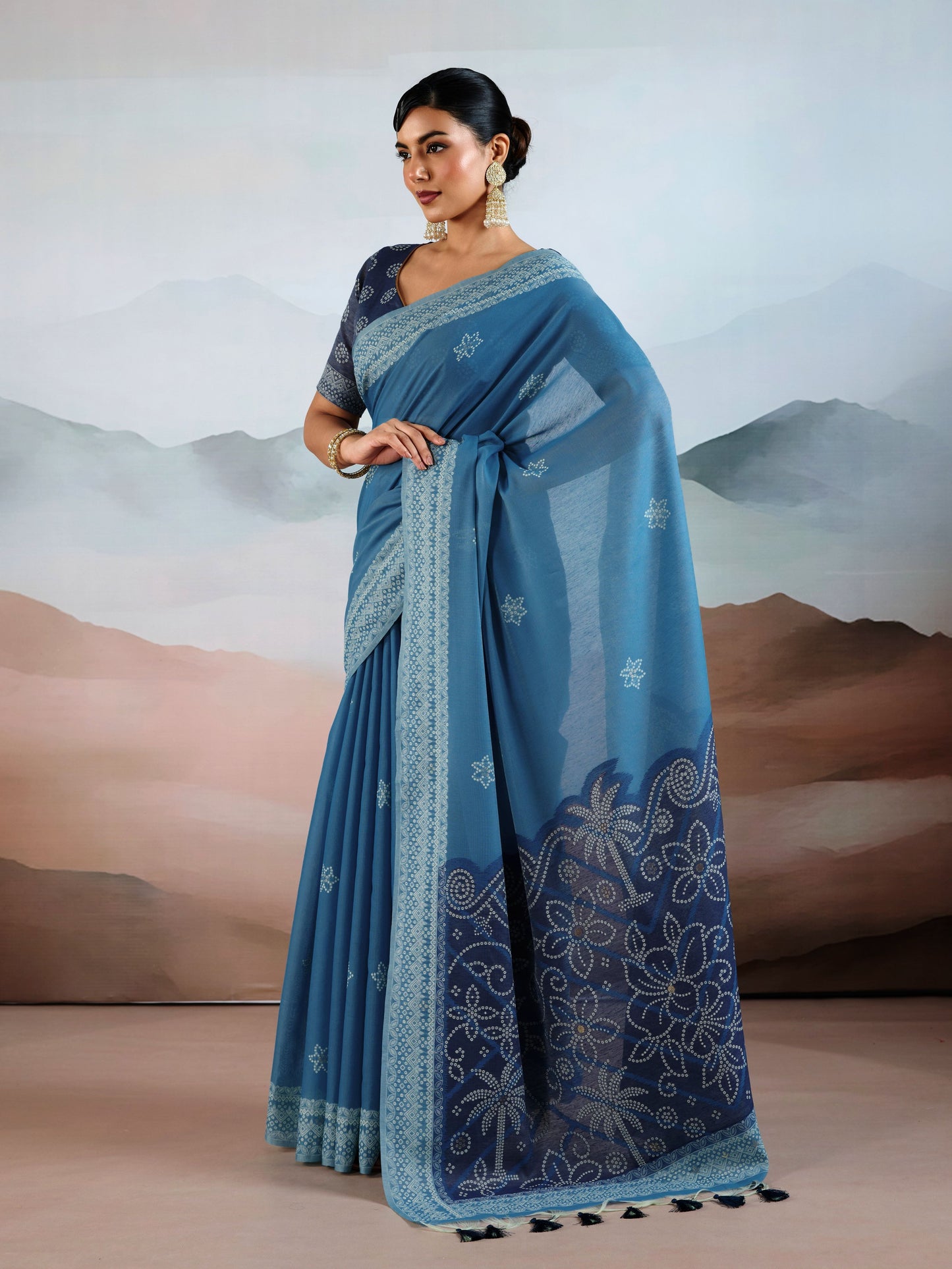Bandhej Printed Viscose Cotton Saree in Teal Blue