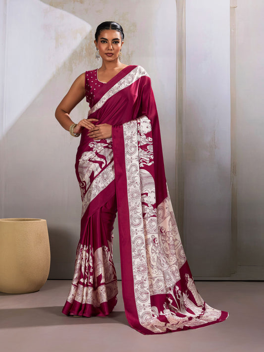 Digital Printed Satin Saree in Maroon