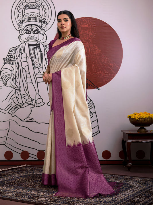 Woven Art Silk Saree in Off White
