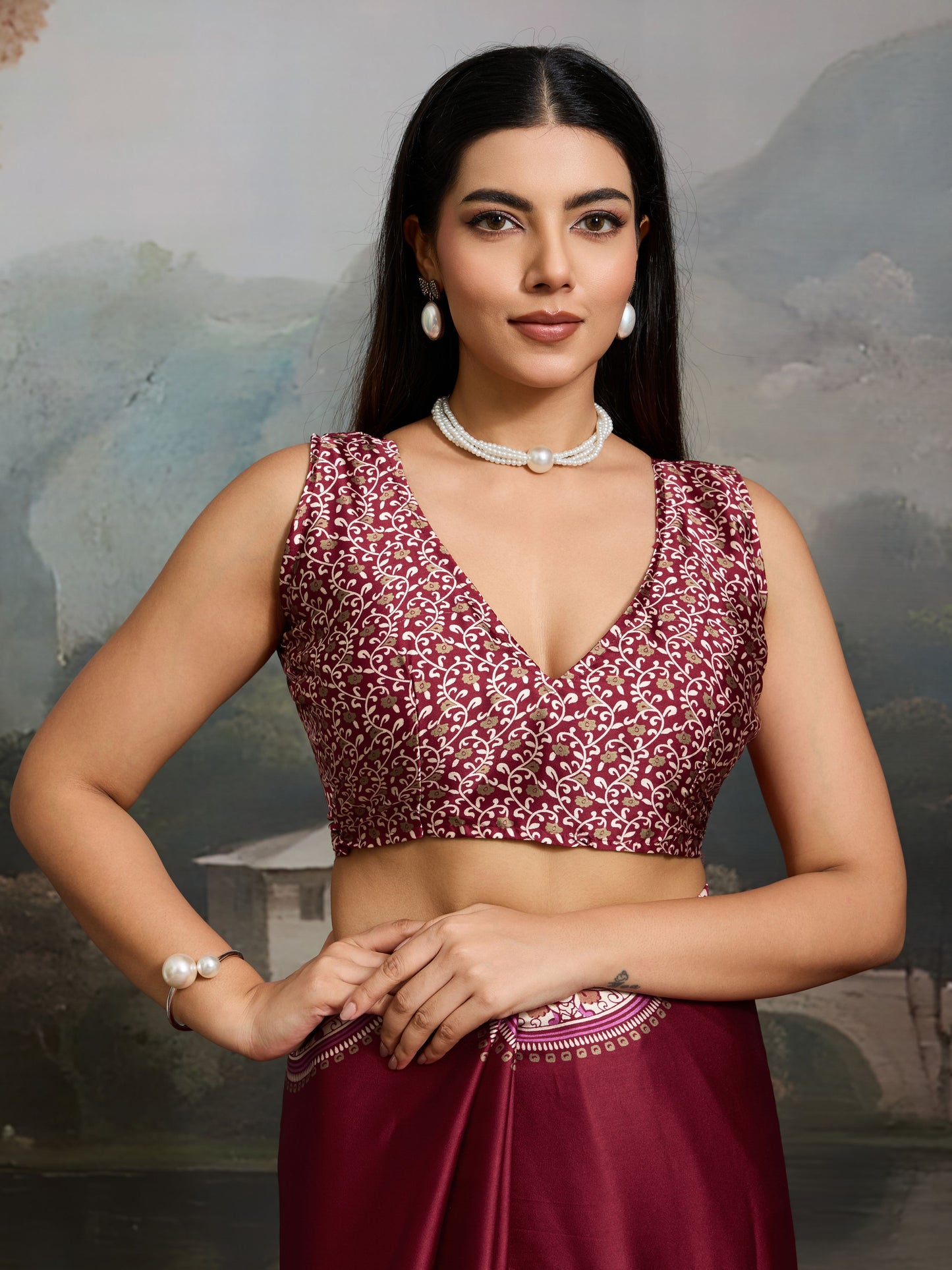 Digital Printed Satin Saree in Maroon